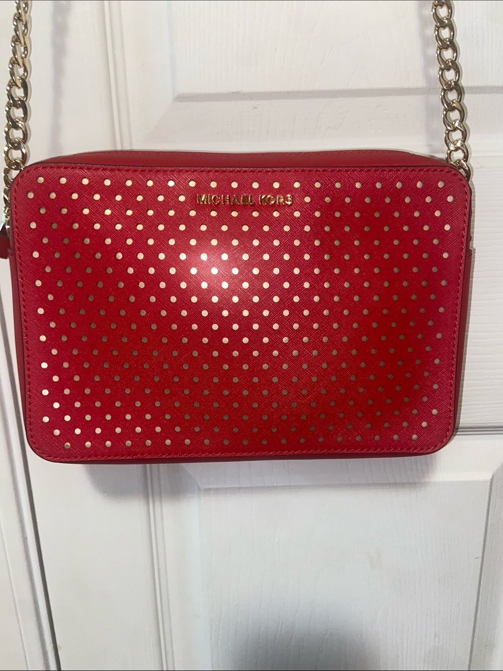 Michael Kors Red Perforated Crossbody with Gold Chain